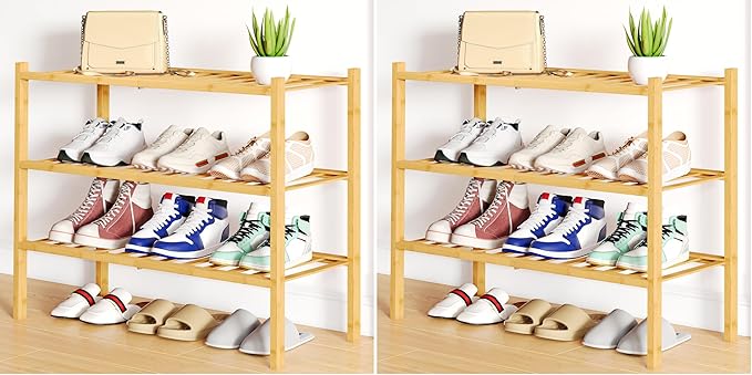 Smiry Shoe Rack, 3 Tier Bamboo Shoe Organizer, Stackable Free Standing Wooden Shoe Storage Shelf for Closet, Entryway, Front 