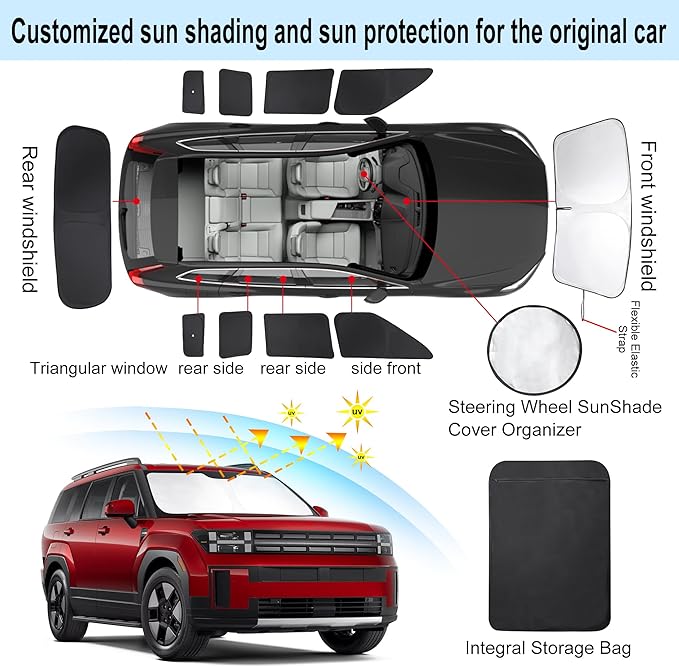 Windshield Sun Shade Car Windshield Foldable Full Windows Coverage Custom Fit for 2024-2026 Hymdai Santa Fe Accessories Car Window Shades Block Sun UV Rays 10PCS