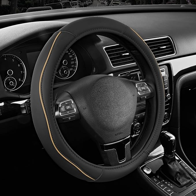 Road Comforts Leather Steering Wheel Cover with Decorative Trim and Piping, Anti-Slip Breathable Design, Fits 14.5–15 Inch Ro