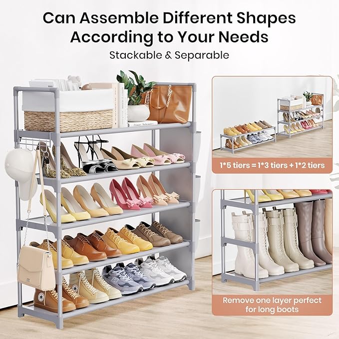 VILICK Shoe Rack for Closet Shoe Organizer Space Saver Storage for 20-25 Pair Shoe Shelf with Hook and Side Pocket Free Stand