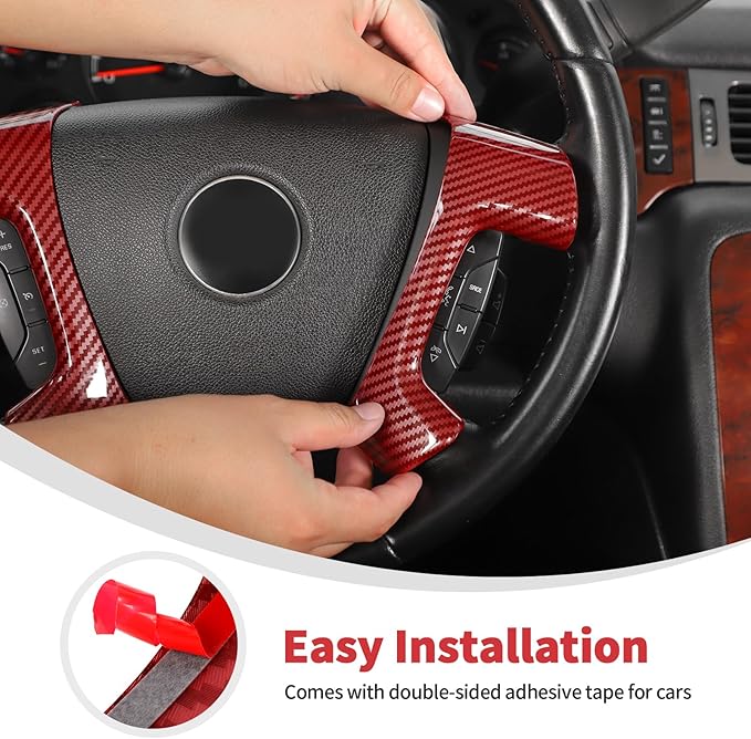 Linskip Steering Wheel Covers Compatible with Avalanche/Suburban/Tahoe/Traverse/Silverado 1500 & Yukon/Sierra 2007-2013, Steering Wheel Trim, Interior Accessories Red Carbon Fiber