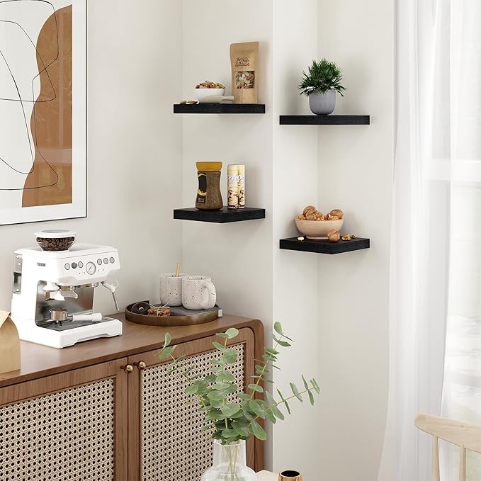 Fun Memories Floating Shelves for Wall - 7.5 Inch Square Shelves with Invisible Brackets, Black Small Wall Shelf for Living R