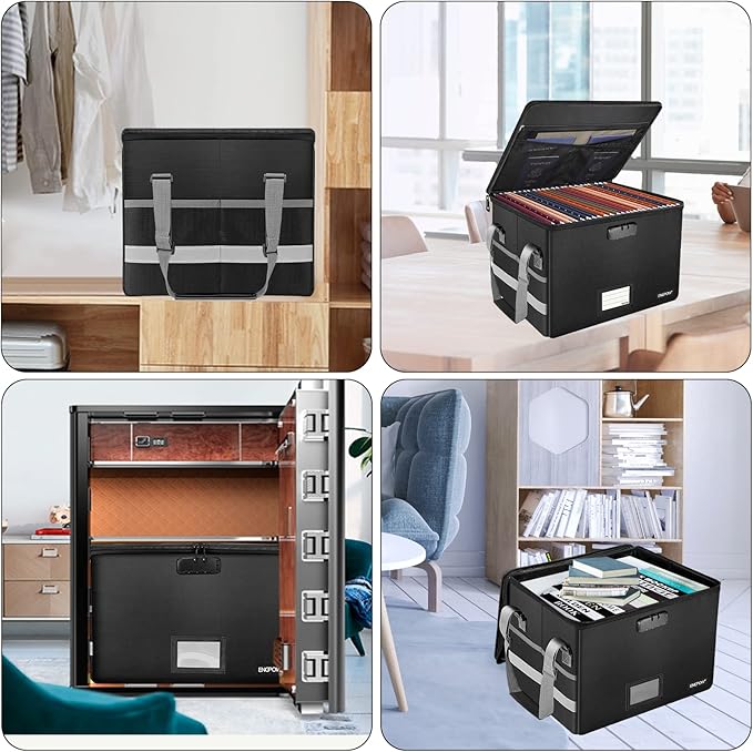 ENGPOW File Box with Lock, Fireproof Document Box with Pockets, Collapsible File Organizer Filing Storage Cabinet with Handle