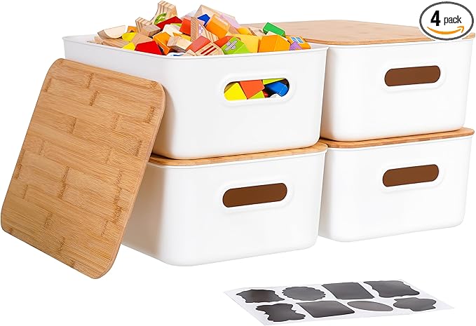 Citylife Storage Bins with Bamboo Lids 16QT Plastic Storage Containers Stackable Organizer Boxes with Handle for Desk Snacks,