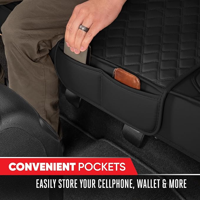 Motor Trend Rear Seat Cushion - Black Diamond Stitched Faux Leather Rear Seat Cover for Cars, Trucks, SUVs - Padded, Waterpro
