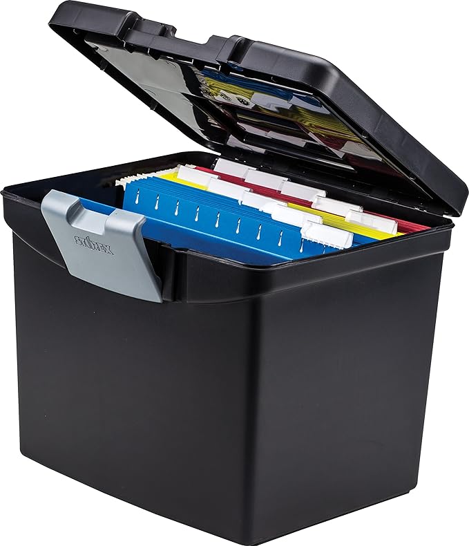 Storex 61504B02C Portable File Box with XL Lid, 11 x 13-1/2 x 11 Inches, Black (Pack of 3)