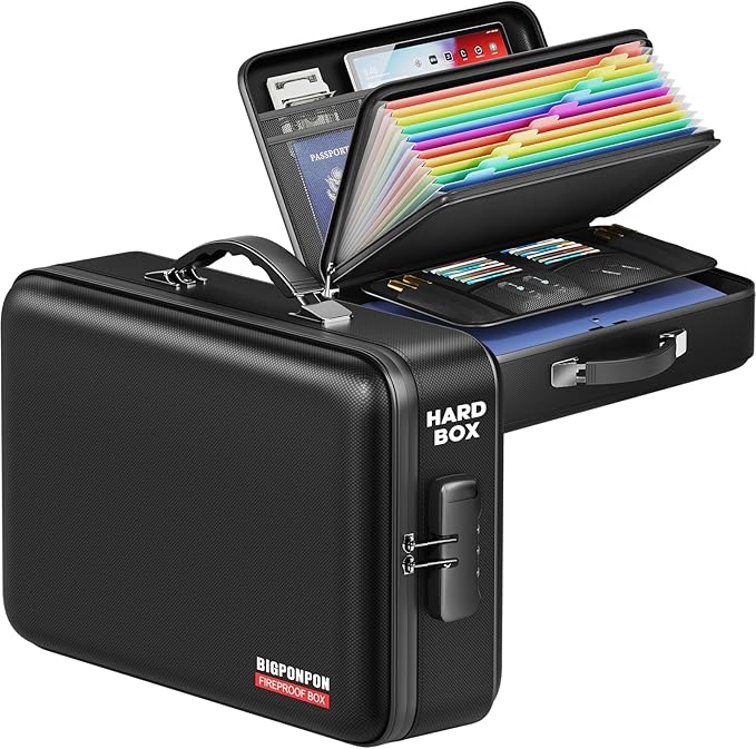 Fireproof Document Box, Hard Case Highly Flame-Resistant Fire Proof Waterproof File Organizer with Lock, Portable Fire Safe f