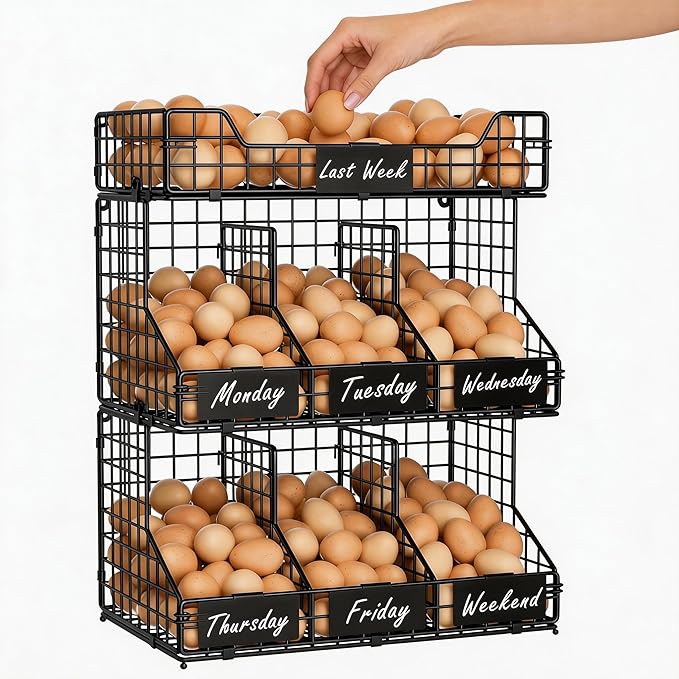 X-cosrack Egg Holder Countertop, 3 Tier Egg Rack with Labels Dividers to Separate Eggs, Stackable Wire Baskets for Fresh Egg,