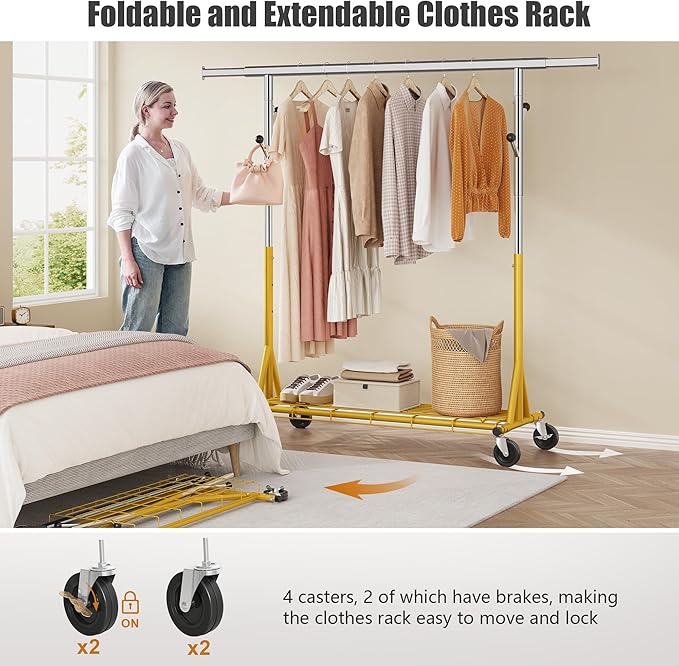 Gewudraw Rolling Clothes Rack Load 530lbs,Heavy Duty Garment Rack With Sturdy Wheel And Shelves, Adjustable Portable Hanging 
