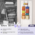 SWTYMIKI Over The Door Purse Organizer - Wall Mounted Purse Rack with 10 Hooks and Metal Basket, Handbag Hanger Organizer Hol