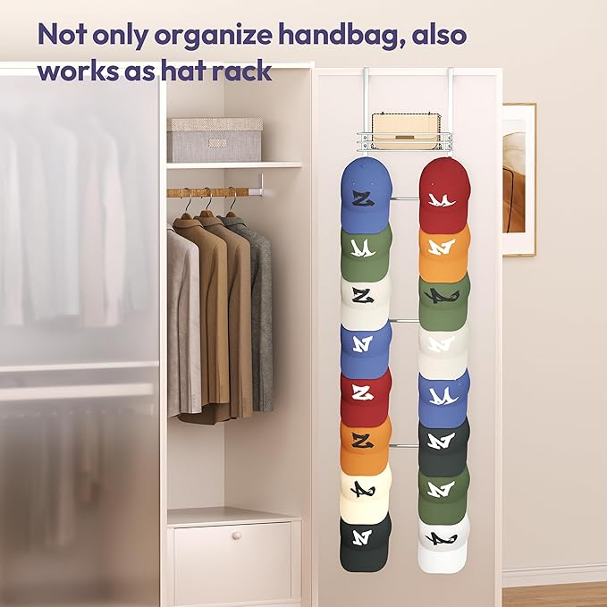 SWTYMIKI Over The Door Purse Organizer - Wall Mounted Handbag Organizer with 16 Hooks and Metal Basket, Hanging Purse Storage