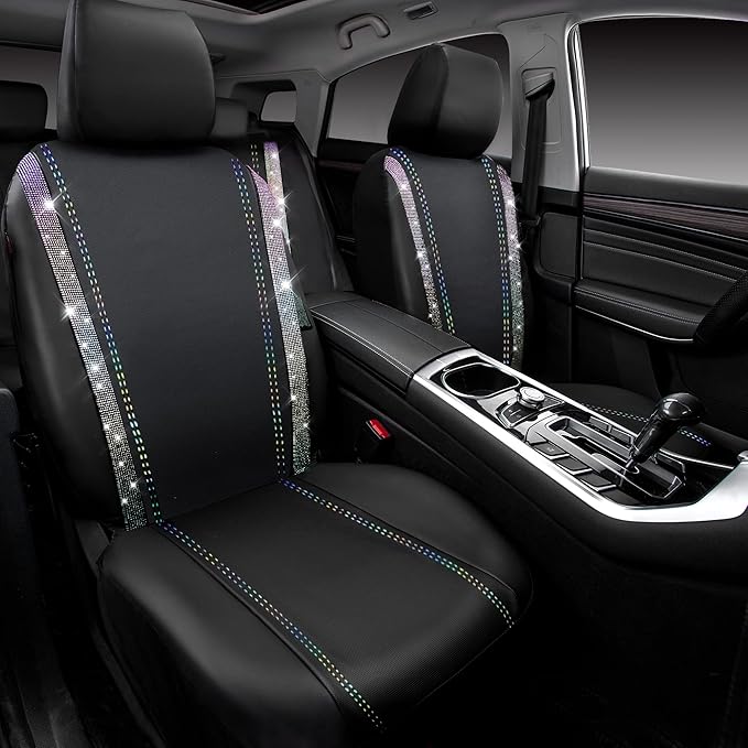 CAR PASS Bling Diamond Car Seat Covers Full Set, Shining Rhinestone Waterproof Faux Leather, Rear with Zipper, Universal Fit Automotive Glitter Crystal Sparkle Strips for Cute Women Girl,Muticolor