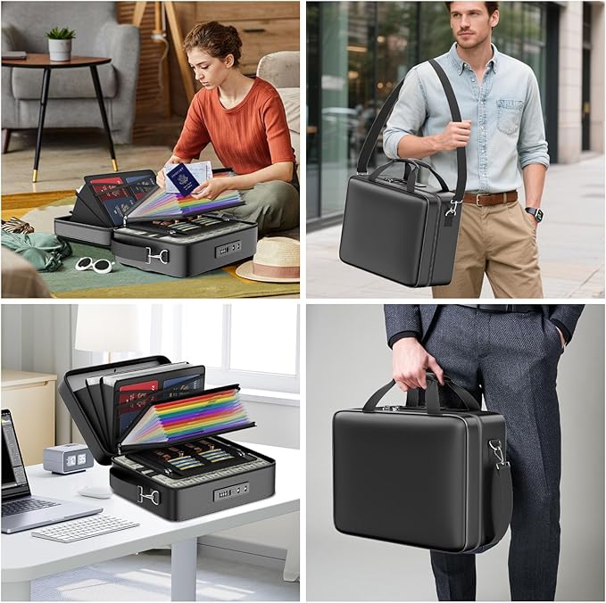 ENGPOW Fireproof Document Box with Lock, Fireproof Water Resistant Hard Case File Organizer Safe Box with Multi Pockets, Prot