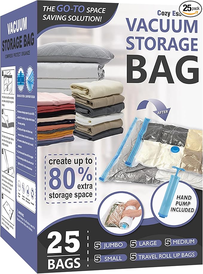 Cozy Essential Vacuum Storage Bags, 80% Compression Vacuum Seal Space Saver Plastic Packaging Bags for Clothes, Blankets, Pil