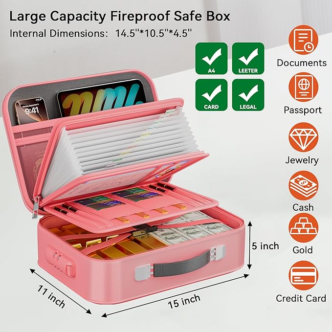 Fireproof Document Box, Hard Case Fireproof Box with Lock, Portable Hard-Shell Fireproof Water Resistant Document Safe for Im