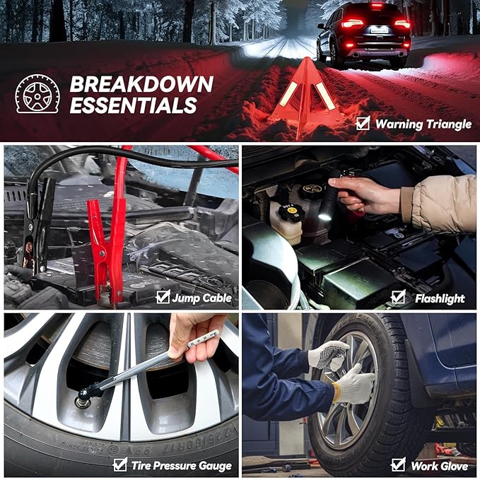 Car Emergency Kit with Jumper Cable, First Aid Kit, Winter Travel Assistance with Detachable Snow Shovel, Safety Emergency Ki
