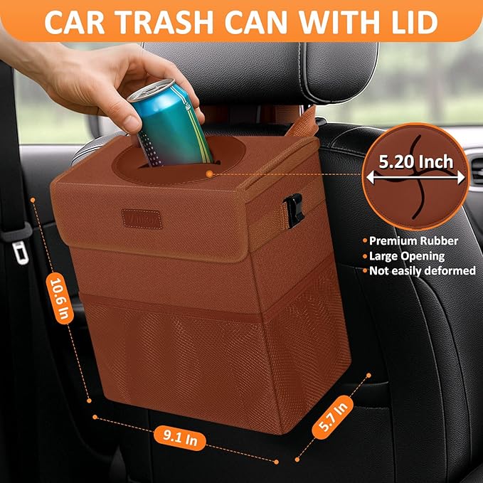 Car Trash Can, Brown, 2.2 Gallons Capacity, Waterproof, Polyester Material, Adjustable Strap, Hanging Design, Leakproof Lining, 100% PEVA Thickness
