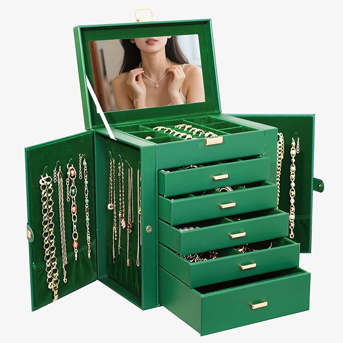 BOOVO Jewelry Box For women, 6 Layer Large Jewelry Organizer With Mirror, Multi-Function Storage Box With Lock, Necklace Hold