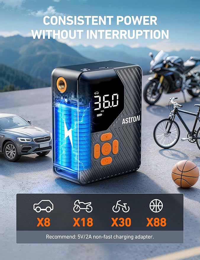 AstroAI L7 Mini Tire Inflator Portable Air Compressor,150 PSI Cordless Car Tires Air Pump with LED Lights&Pressure Gauge,Auto Shut-Off - Tire Pump for Auto,Motorcycle, Bicycle, Ball Orange