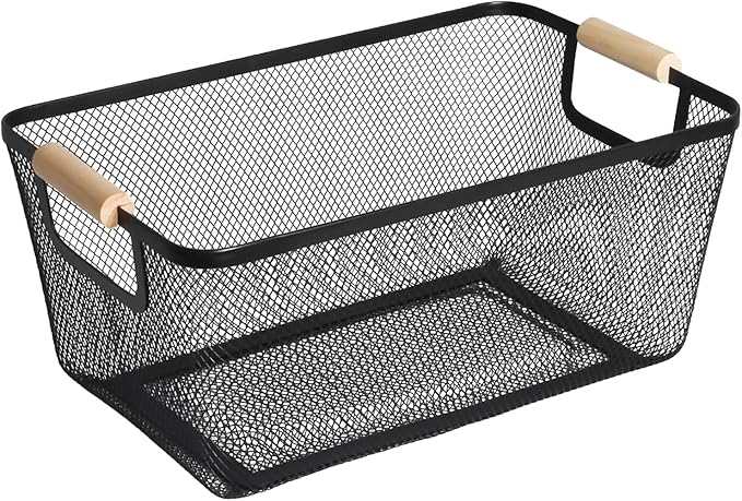 AJIODA Metal Mesh Steel Basket, Large Wire Storage Organizer Basket Multi-function Hanging Kitchen Baskets with Wood Handle f