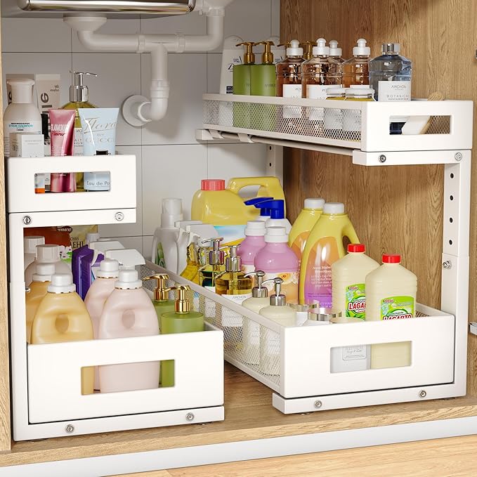 2 Pack 20.47IN Depth Under Sink Storage Organizer, Large 2-Tier Elegant Mesh Pull Out Shelf for Kitchen and Bathroom Cabinet 