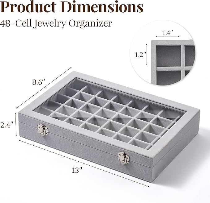 48 Grid Earring Organizer and Storage: Velvet Jewelry Tray with Lid, Jewelry Box for Studs, Earrings, Rings, Necklaces, Dress