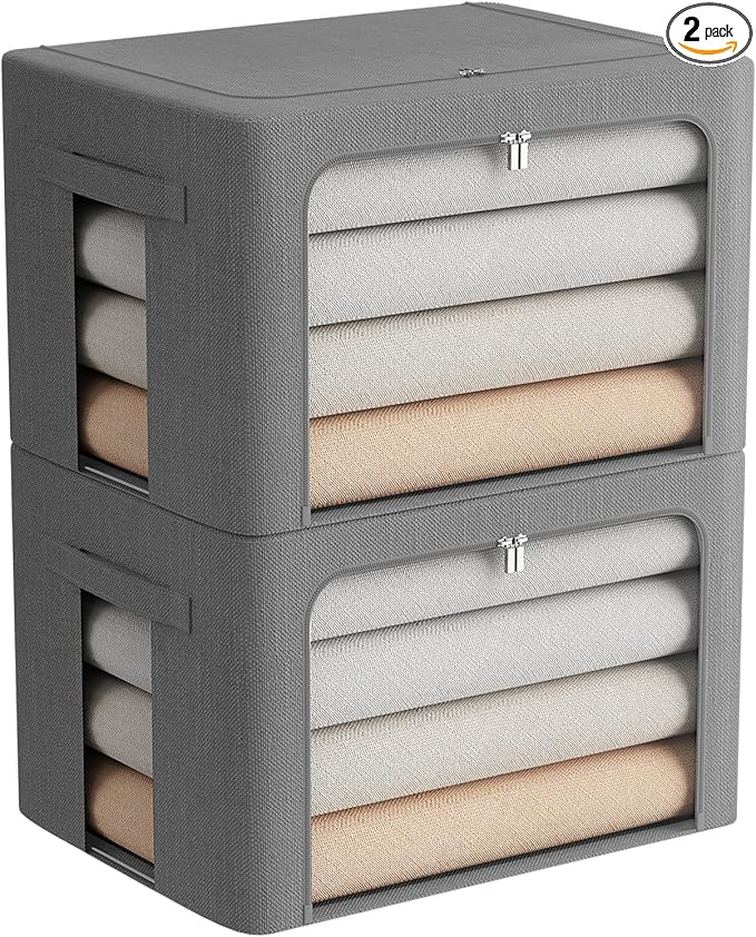 FHSQX 2 Pack Clear Window Storage Bins Stackable Linen Fabric Storage for Clothes Foldable Box Organizer Set with Carrying Ha