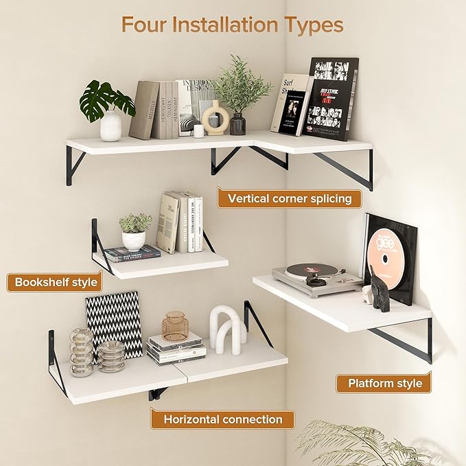 Deep Floating Shelves Wall Mounted, 48"x12" White Wall Shelves with Brackets Set of 2 for Bedroom, Living Room, Bathroom, Kit