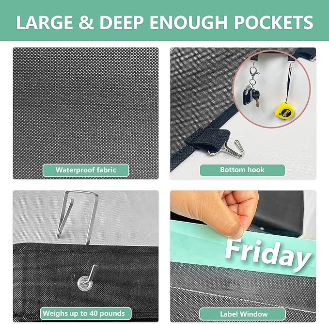 Weekly Over the Door File Organizer, Hanging File Folders Wall Organizer with 5 Large Pockets for Papers, Charts, Mails, Maga