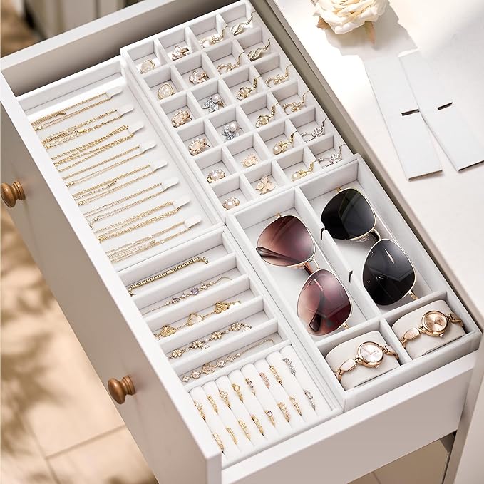 Velvet Jewelry Drawer Organizer Trays – White Stackable Jewelry Storage Inserts Set, 4-Layer Jewelry Tray Set for Earrings, R