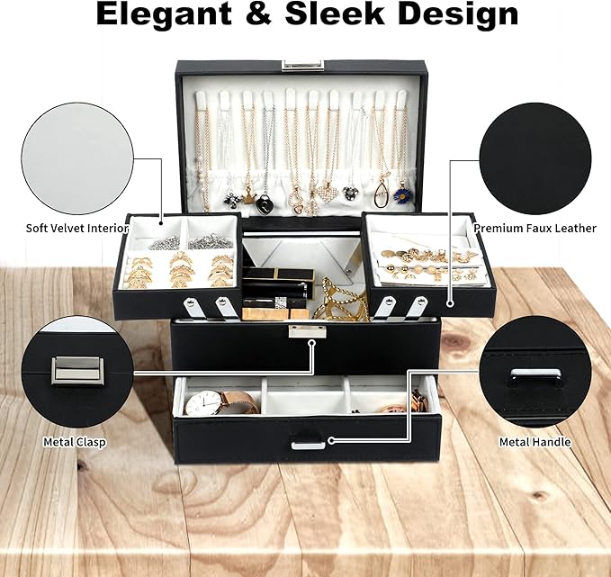 Dajasan Jewelry Organizer Box, Large Jewelry Boxes for Women Girls, Space-Saving 3 Layers Jewelry Storage Case with Drawer, M