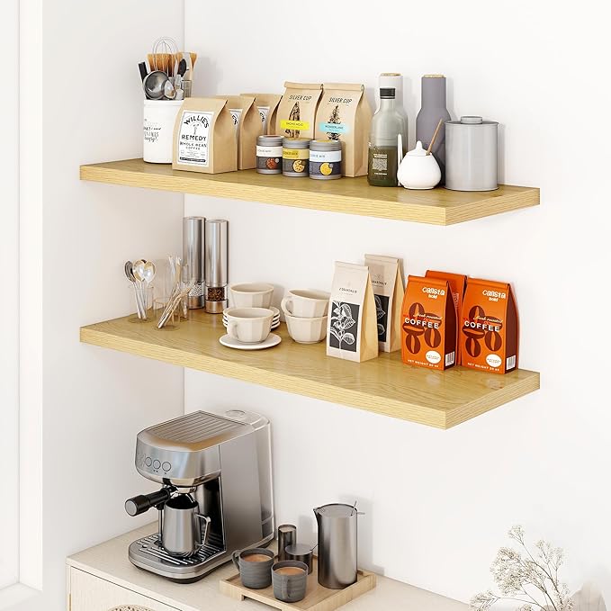 Dreamland 40" Floating Shelves for Wall, 12" Deep Slim Oak Floating Shelves, Wall-Mounted Shelves for Bedroom, Living Room, K