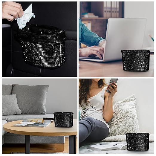 Cavalcade Car Trash Can, Hanging Trash Bin, Leakproof Garbage Organizer, Bling Vehicle Waste Basket, Mini Dustbin Container with Clip for Car, Office, Kitchen, Bedroom, Home and More, Black, Small