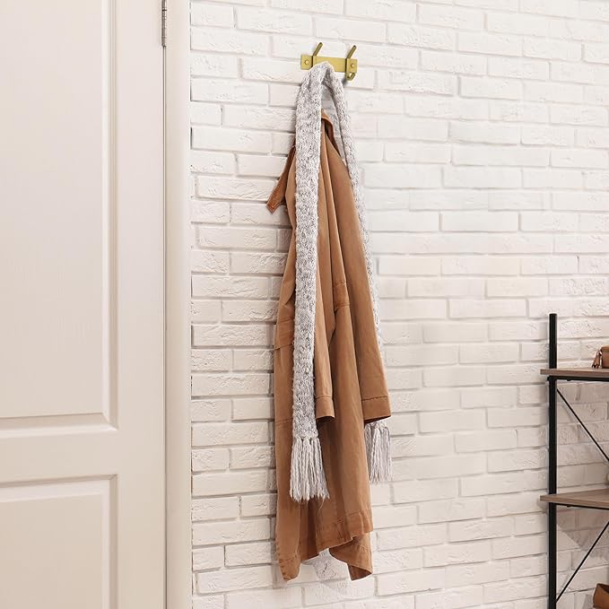 Brushed Gold Small Coat Rack Wall Mount – 6 Inch Stainless Steel Rail with 2 Double Coat Hooks for Entryway, Bathroom, Bedroo