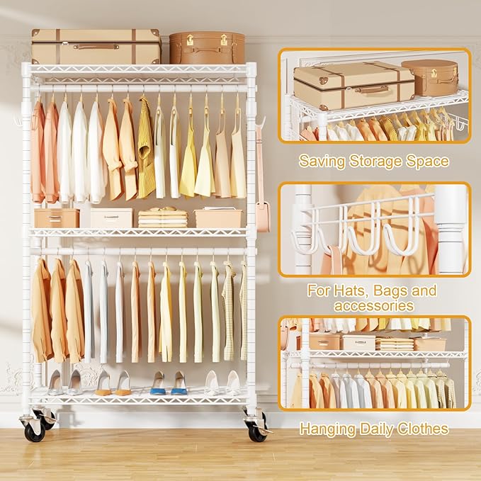 ULIFHOME P1 Rolling Clothes Rack Heavy Duty, Metal Closet Clothing Rack with Lockable Wheels, Portable Wardrobe Closet for Ha