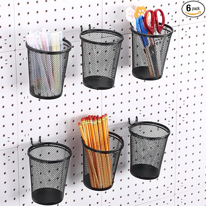 Spakon 6 Sets Pegboard Cups with Ring Hook, Peg Board Baskets Bin Holder Organizer Accessories Pegboard Pencil Cup Multipurpo