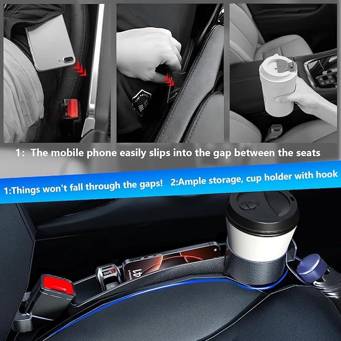 Seat gap filler Compatible with Crosstrek/Forester.Deeper Than Standard Retail Models(7.5cm)|Added Cup Holder (2 Fixed Points) + Hooks + Charging Cable Port |2pcs Black| Free Window Break Hammer 1pcs|