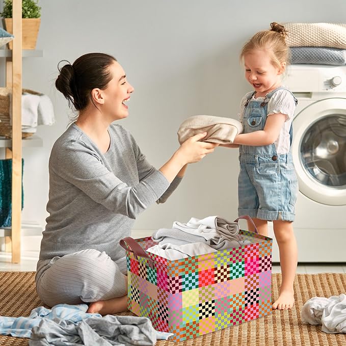 Colorful Checkered Storage Basket Waterproof Canvas Toy Storage Bin Checkered Home Decor Collapsible Outdoor Basket with Leat