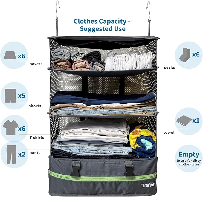 Stow-N-Go Portable Hanging Travel Shelves, Packing Organizer for Luggage. Carry on Closet for Clothes. Expandable Packing Cub