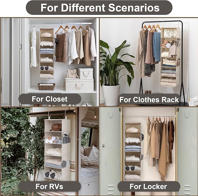 StorageWorks 6-Shelf Hanging Closet Organizer, Hanging Shelves for Closet, Fabric, Mixing of Beige, White & Ivory, 12" D x 12