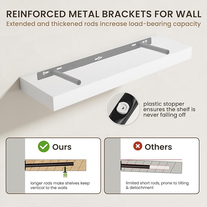 20 Inch Floating Shelves | 6.5 Inch Deep White Floating Shelves Set of 2 | 20" W x 6.5" D Rustic White Wood Wall Shelves with