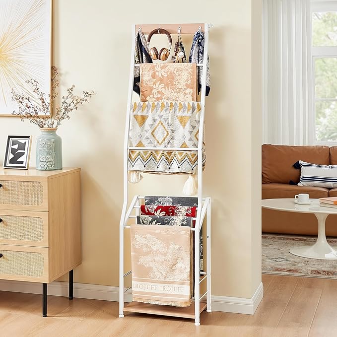 Pinzoveco Blanket Ladder, 7 Tier Blanket Ladders for The Living Room,Wooden Ladder Shelf with Hooks, 5.5ft Blanket Holder Rac