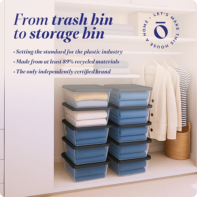 HOMZ 10-Pack Snaplock, Small Clear Plastic Storage Organizer Bins w/Lids, 6 Quart, Gray - Stackable Container Boxes for Bedro