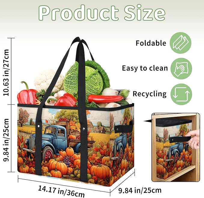 Reusable Grocery Bags Heavy Duty Shopping Bags Foldable Large Tote Bags with Long Handles & Hard Bottom