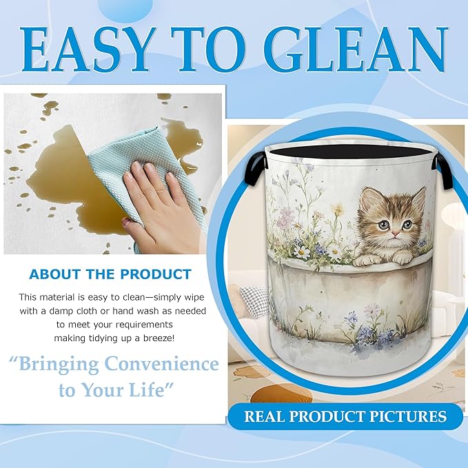 Cute Cat Laundry Hamper Bathtub Flowers Laundry Basket Collapsible Portable Clothes Toy Storage Bin for Bathroom Bedroom Room