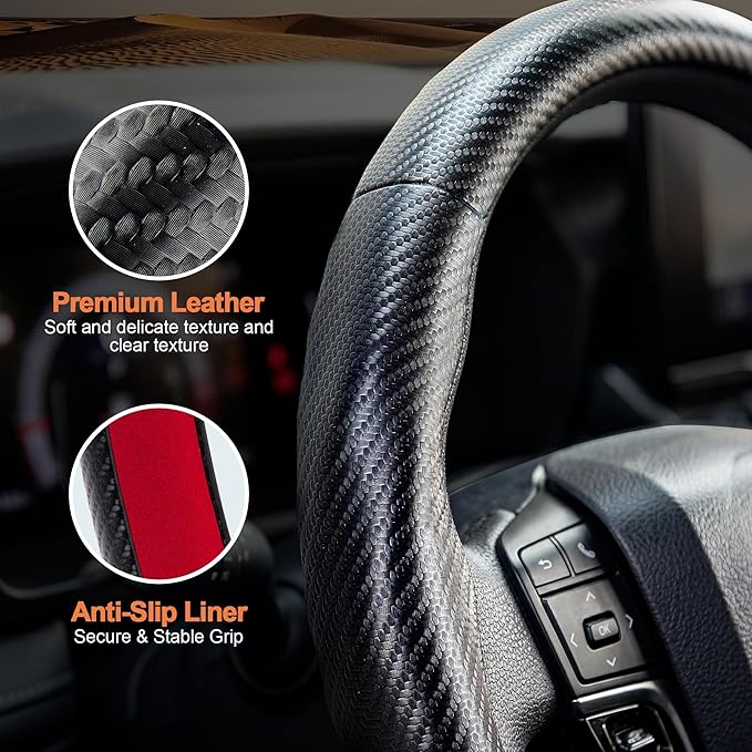 West Llama Carbon Fiber Steering Wheel Covers,3 Piece Car Wheel Cover Universal Fit 99% Cars(Matte Black)