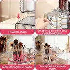 ShineMe Clear Makeup Organizer with 9 Drawers, 3 Tier Stackable Makeup Storage Organizer with Rotating Brush Holder, Acrylic 