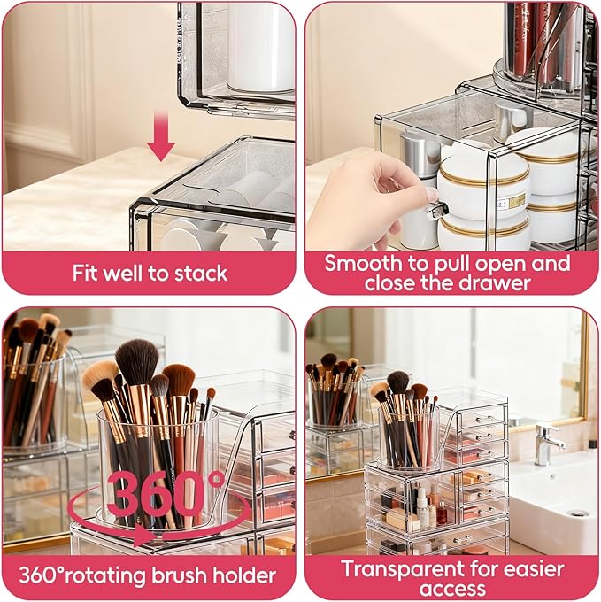 ShineMe Clear Makeup Organizer with 9 Drawers, 3 Tier Stackable Makeup Storage Organizer with Rotating Brush Holder, Acrylic 