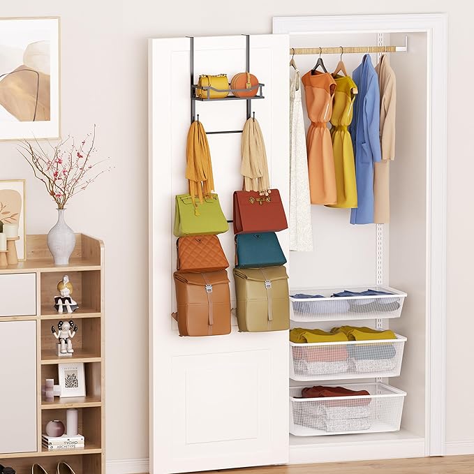 SWTYMIKI Over The Door Purse Organizer - Wall Mounted Purse Rack with 10 Hooks and Metal Basket, Handbag Hanger Organizer Hol