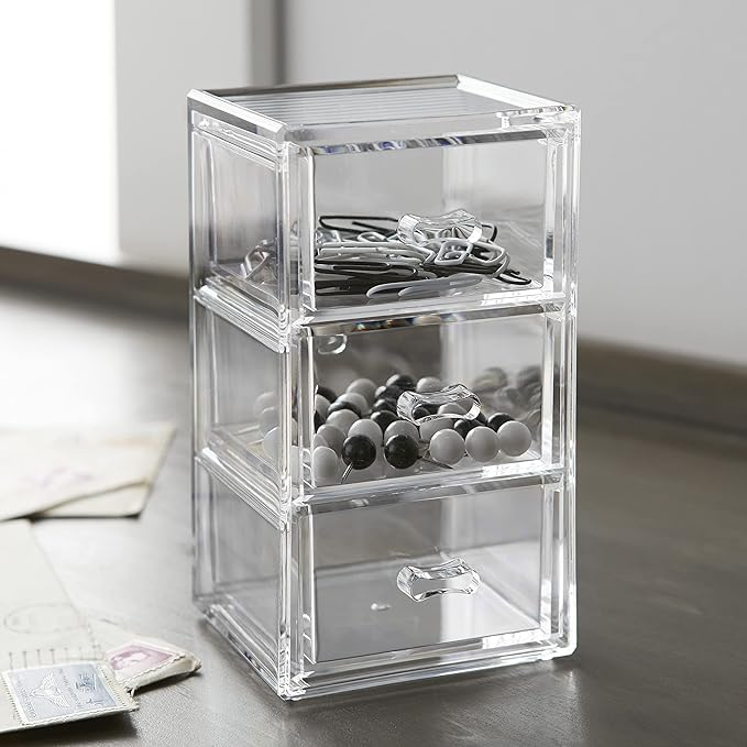 Huang Acrylic Clear Stackable Upright 3-Drawer Organizer, Makeup Jewelry Accessories Cosmetic Countertop Storage Display 3.5 